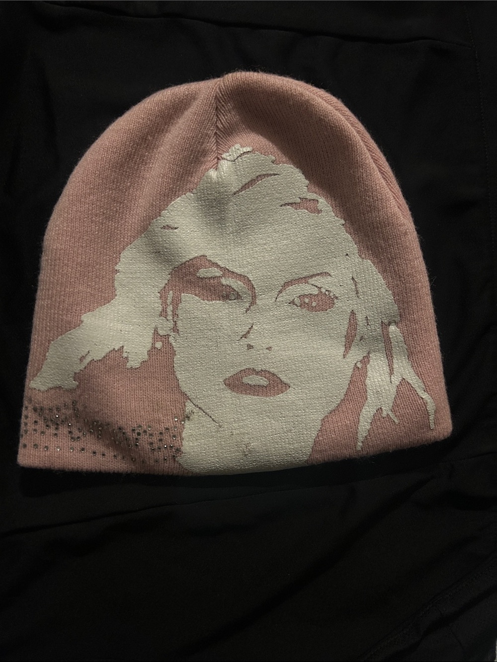 Pink Graphic Knit Beanie Hat with Face Motif